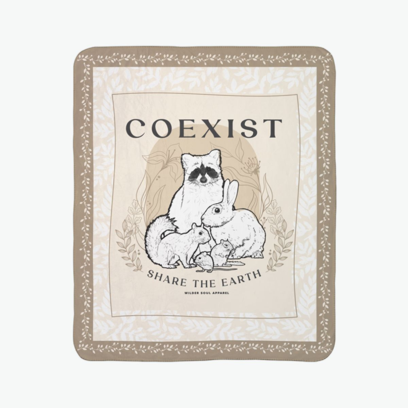 coexist wildlife sherpa blanket featuring raccoon rabbit squirrel and chipmunk illustration promoting peaceful coexistence with backyard animals