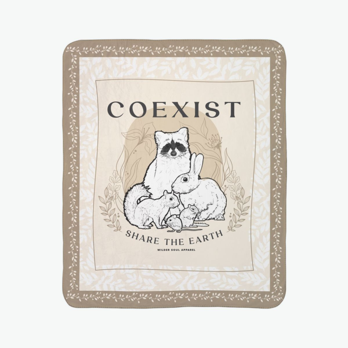 coexist wildlife sherpa blanket featuring raccoon rabbit squirrel and chipmunk illustration promoting peaceful coexistence with backyard animals