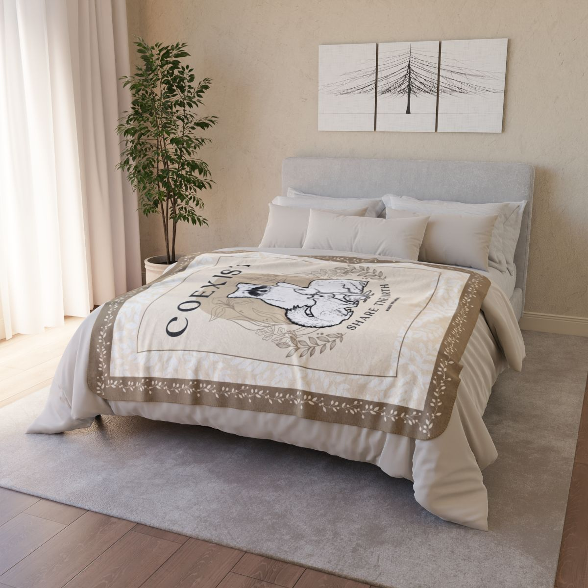 coexist wildlife sherpa blanket featuring raccoon rabbit squirrel and chipmunk illustration promoting peaceful coexistence with backyard animals