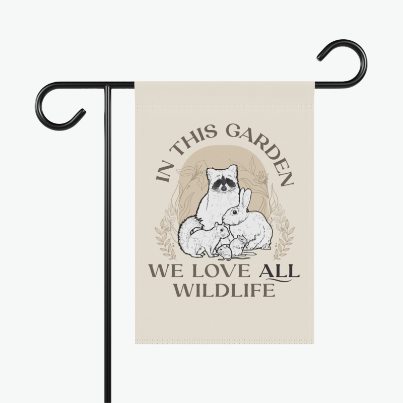 coexist garden flag featuring raccoon rabbit squirrel and chipmunk illustration promoting peaceful coexistence with backyard animals