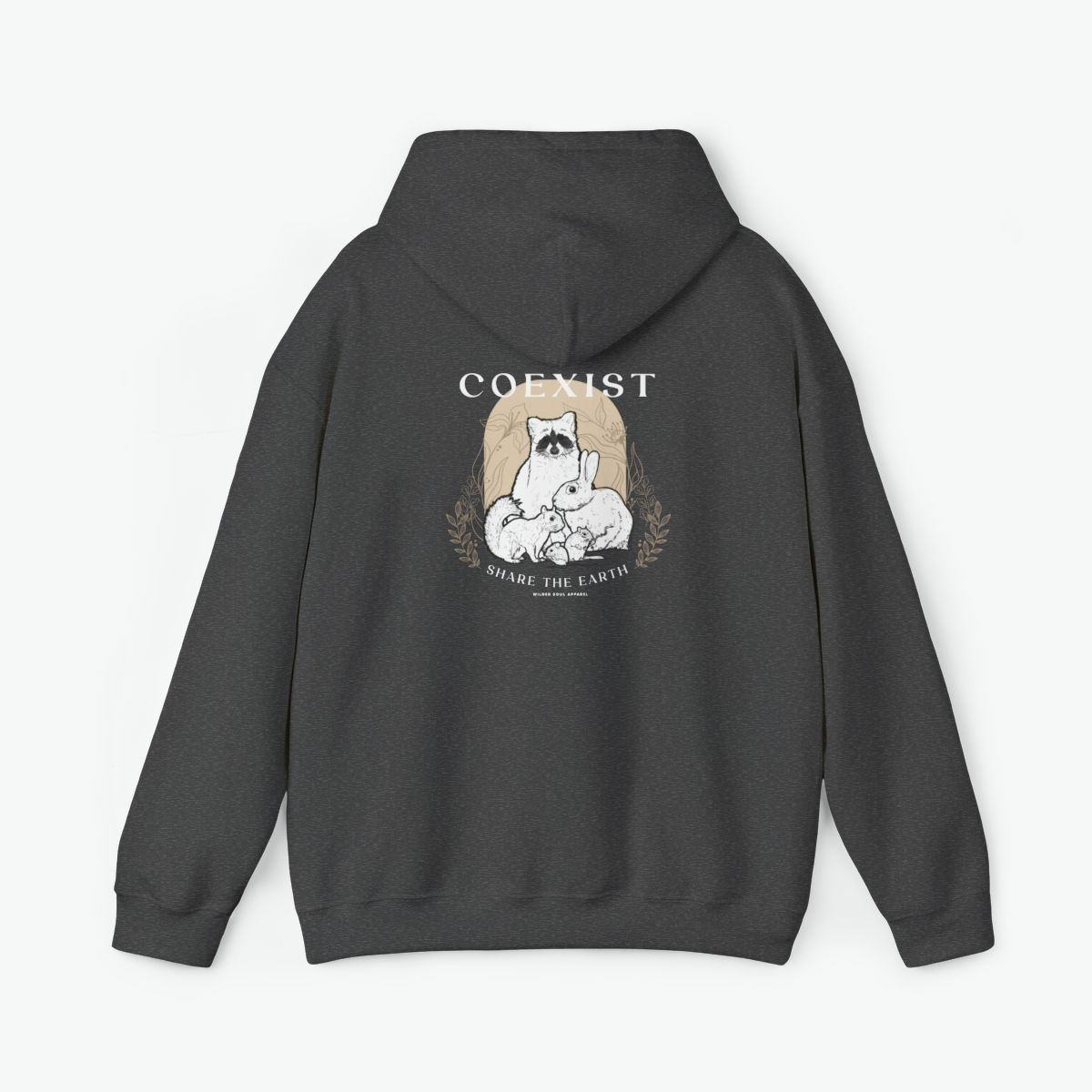 Coexist unisex hoodie wildlife hoodie featuring raccoon, rabbit, squirrel and chipmunk illustration promoting peaceful coexistence with animals