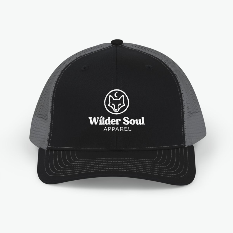 Wilder Soul trucker hat with embroidered fox and moon logo for outdoor nature lovers