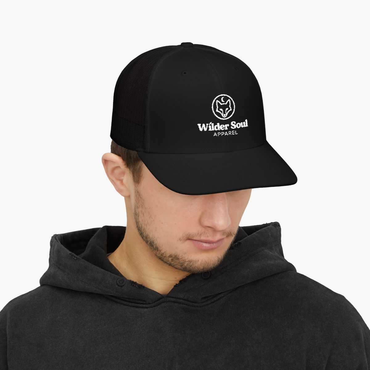 Wilder Soul trucker hat with embroidered fox and moon logo for outdoor nature lovers