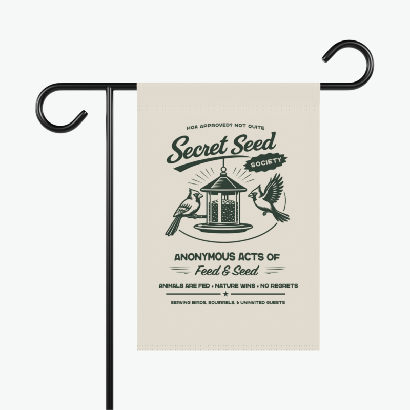 secret seed society garden flag with retro bird feeder and cardinal birds backyard wildlife design