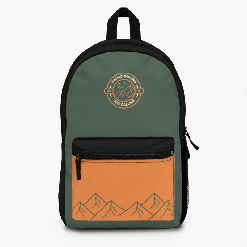 The Mountains Are Calling backpack featuring minimal mountain design and outdoor inspired color palette for hiking and travel use