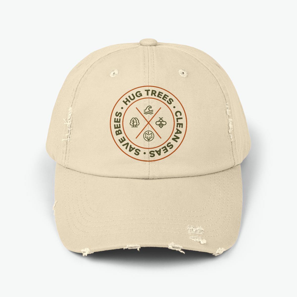 Hug Trees Clean Seas Save Bees distressed cap featuring circular conservation emblem on black vintage style cotton hat
