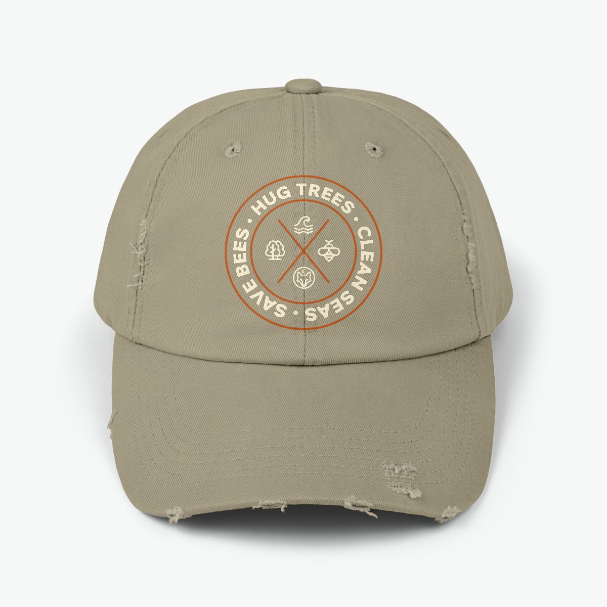 Hug Trees Clean Seas Save Bees distressed cap featuring circular conservation emblem on black vintage style cotton hat