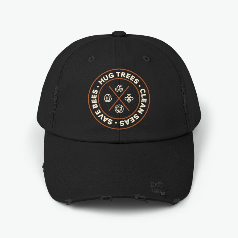 Hug Trees Clean Seas Save Bees distressed cap featuring circular conservation emblem on black vintage style cotton hat
