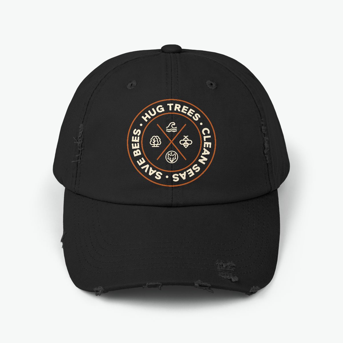 Hug Trees Clean Seas Save Bees distressed cap featuring circular conservation emblem on black vintage style cotton hat