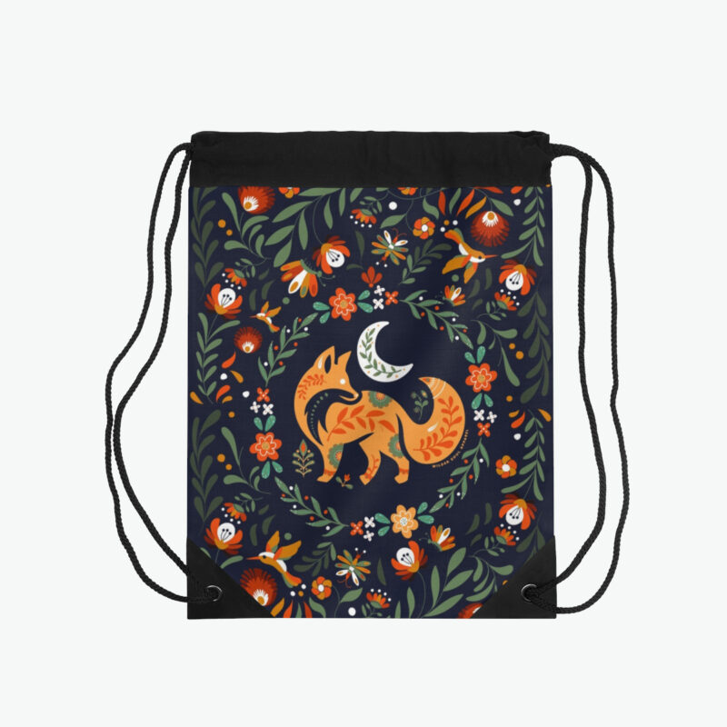 Folk nature fox drawstring bag featuring colorful fox with floral woodland design on dark background