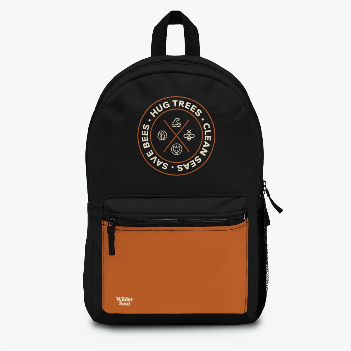 Hug Trees Clean Seas Save Bees backpack featuring circular conservation emblem with tree, wave, and bee icons on black outdoor backpack