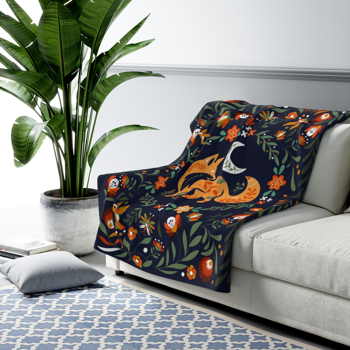 Folk Nature Fox sherpa blanket featuring folk art fox surrounded by flowers, leaves, hummingbirds, and crescent moon woodland design