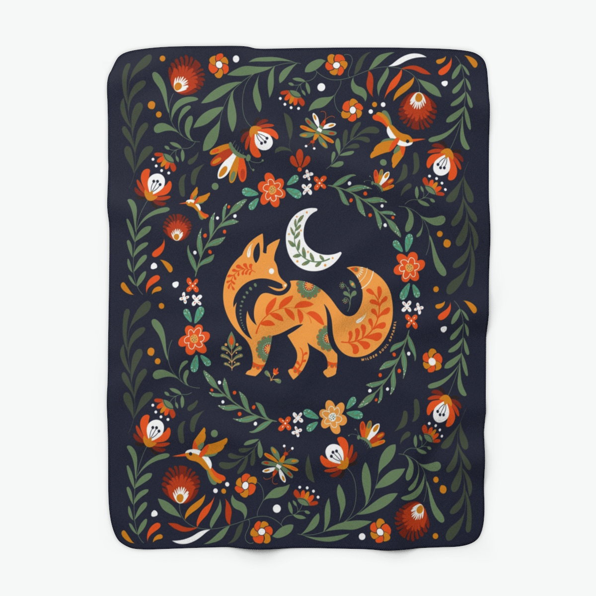 Folk Nature Fox sherpa blanket featuring folk art fox surrounded by flowers, leaves, hummingbirds, and crescent moon woodland design