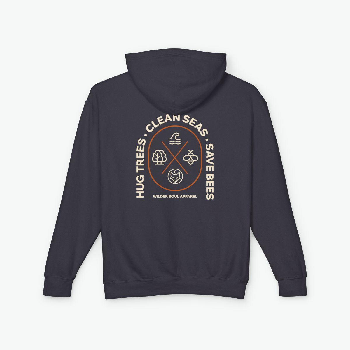 Hug Trees Clean Seas Save Bees lightweight hoodie featuring minimalist nature icons of tree, wave, and bee on unisex hoodie