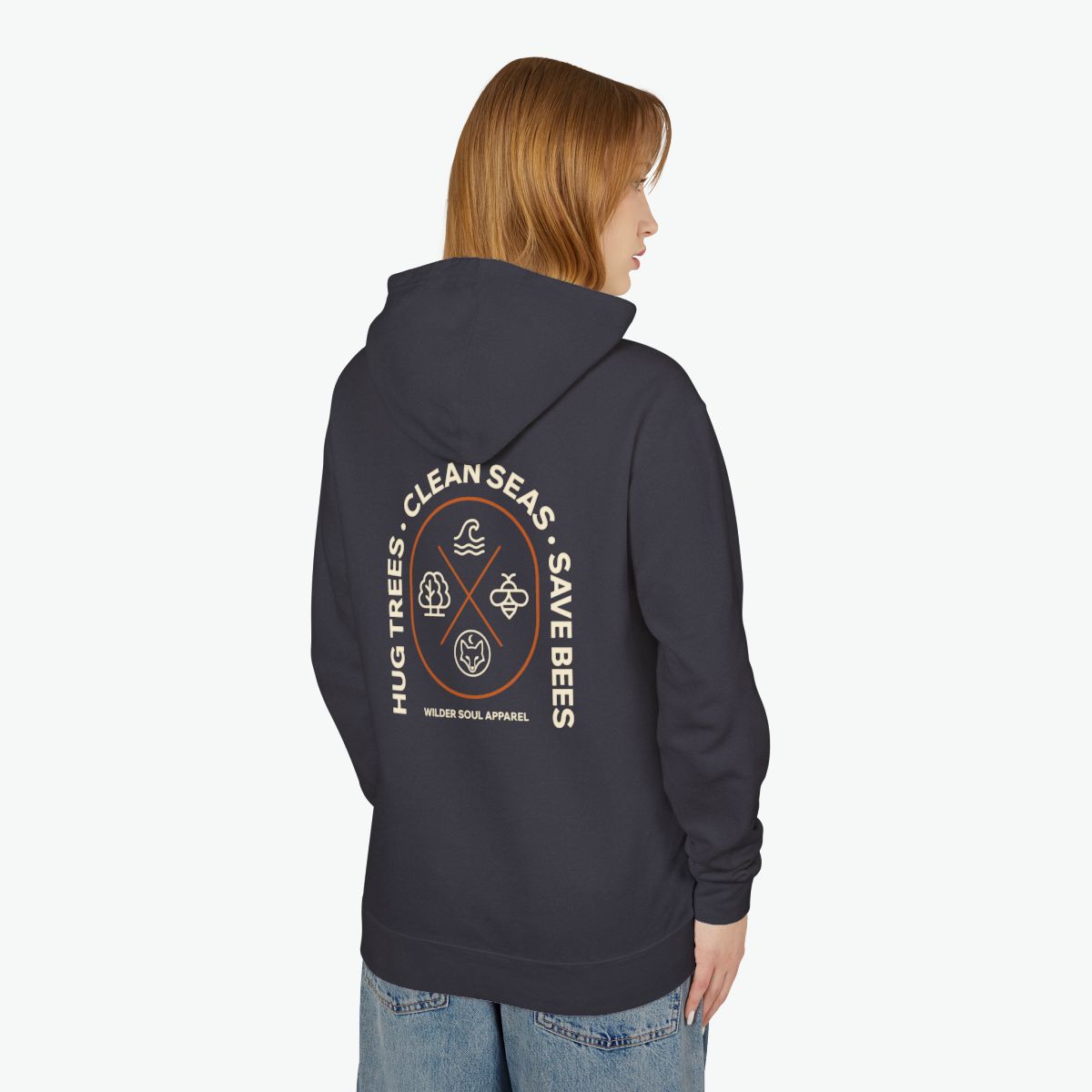 Hug Trees Clean Seas Save Bees lightweight hoodie featuring minimalist nature icons of tree, wave, and bee on unisex hoodie