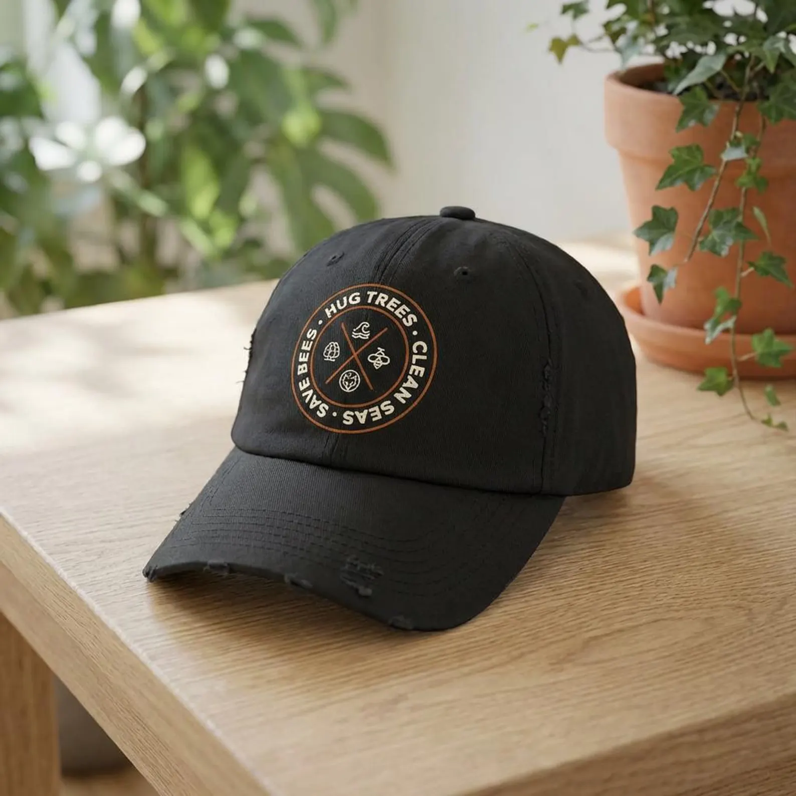 Hug Trees Clean Seas Save Bees distressed cap featuring circular conservation emblem on black vintage style cotton hat