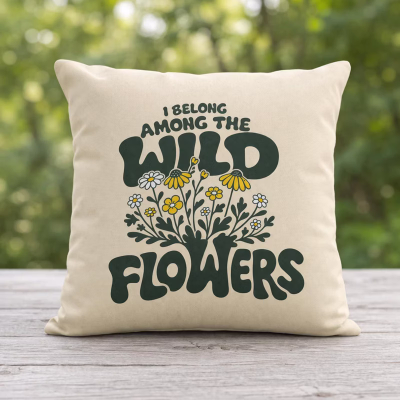 Among the Wildflowers outdoor pillow featuring retro text and hand drawn floral design in earthy tones for cottagecore home decor