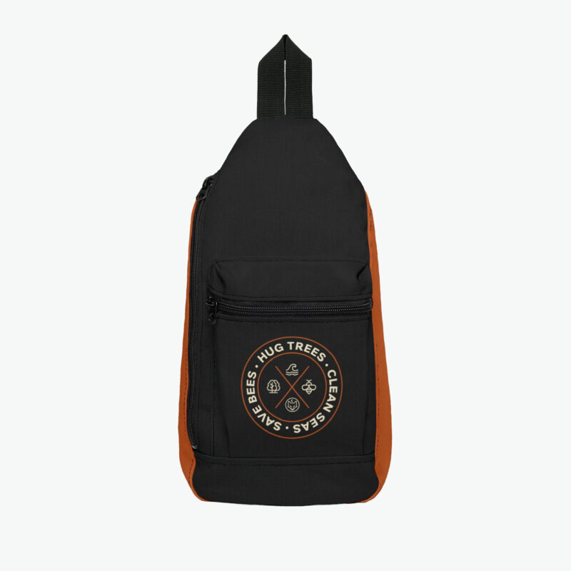 Hug Trees Clean Seas Save Bees backpack featuring circular conservation emblem with tree, wave, and bee icons on black outdoor backpack
