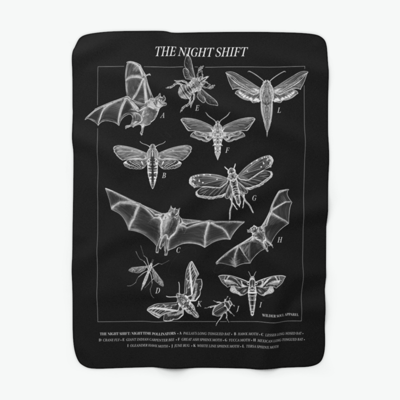 Night Shift sherpa blanket featuring bats, moths, and nocturnal pollinators in vintage scientific illustration style on black background