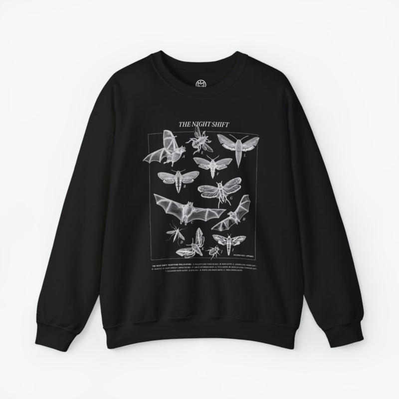 Night Shift crewneck sweatshirt featuring bats, moths, and nocturnal pollinators in vintage scientific illustration style on black background