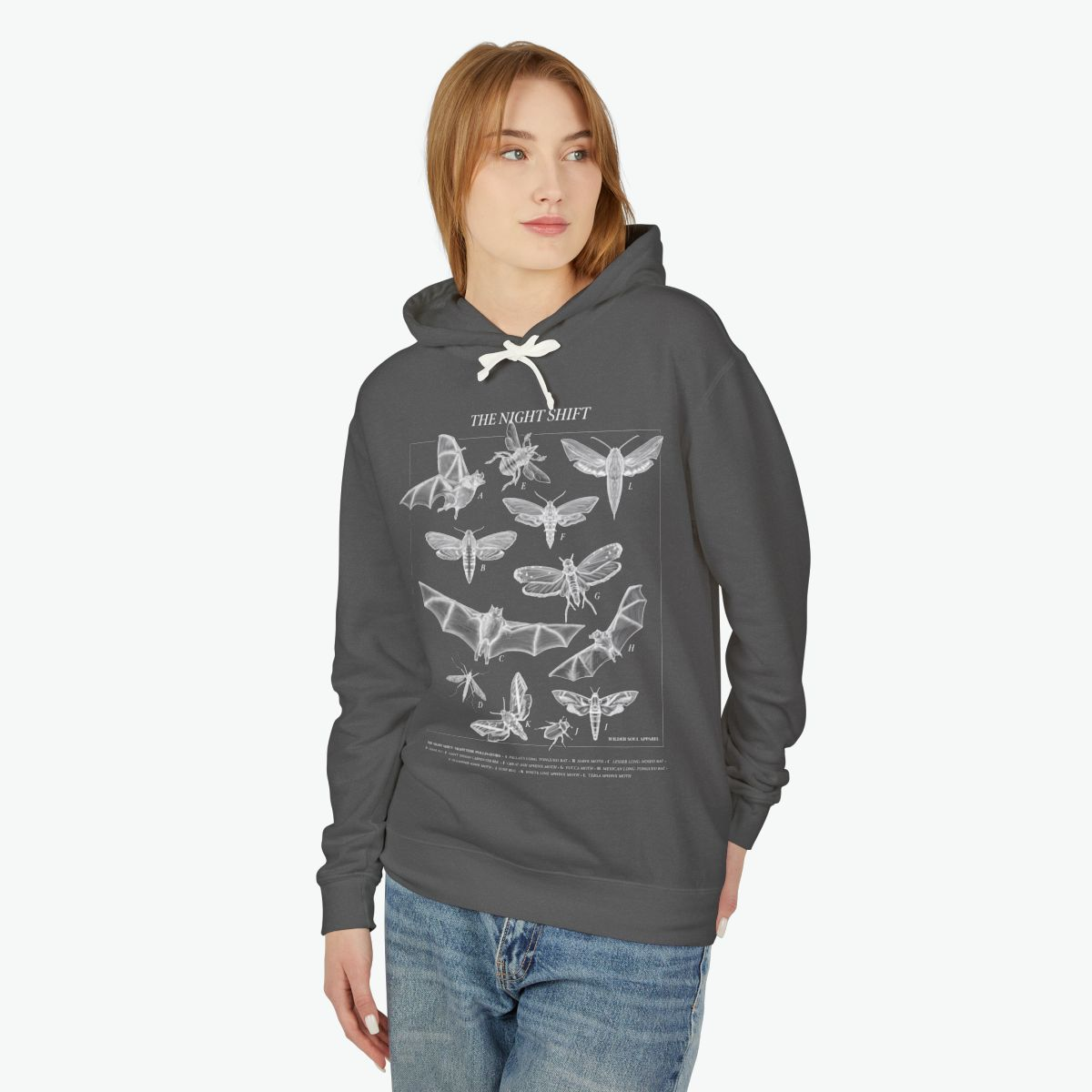 Night Shift unisex lightweight hoodie featuring bats, moths, and nocturnal pollinators in vintage scientific illustration style on dark background