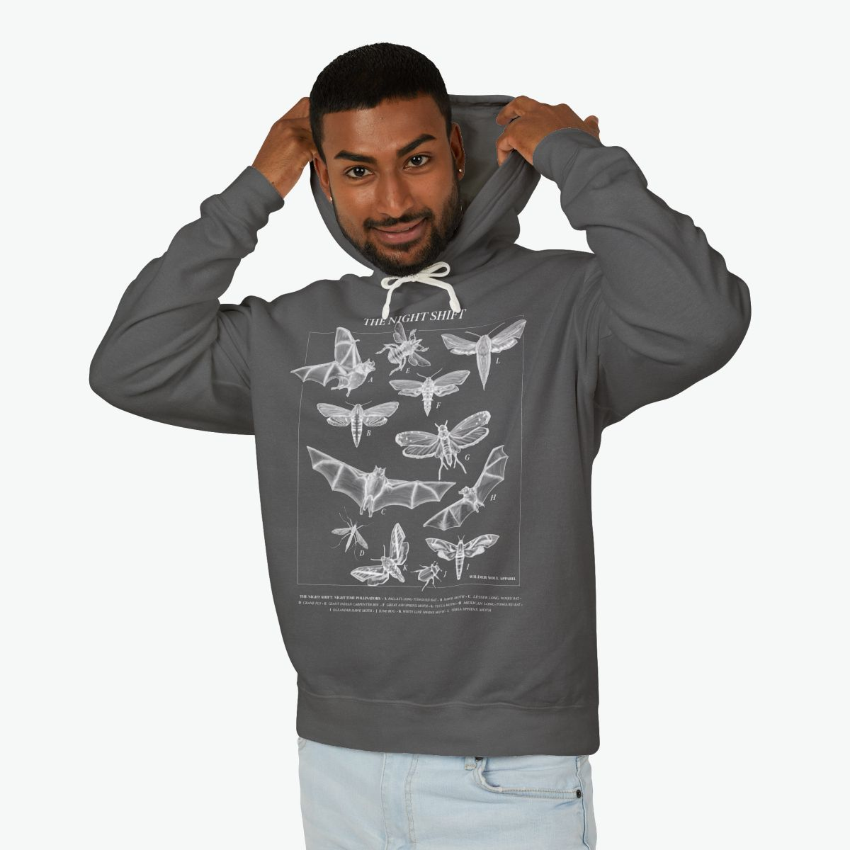 Night Shift unisex lightweight hoodie featuring bats, moths, and nocturnal pollinators in vintage scientific illustration style on dark background