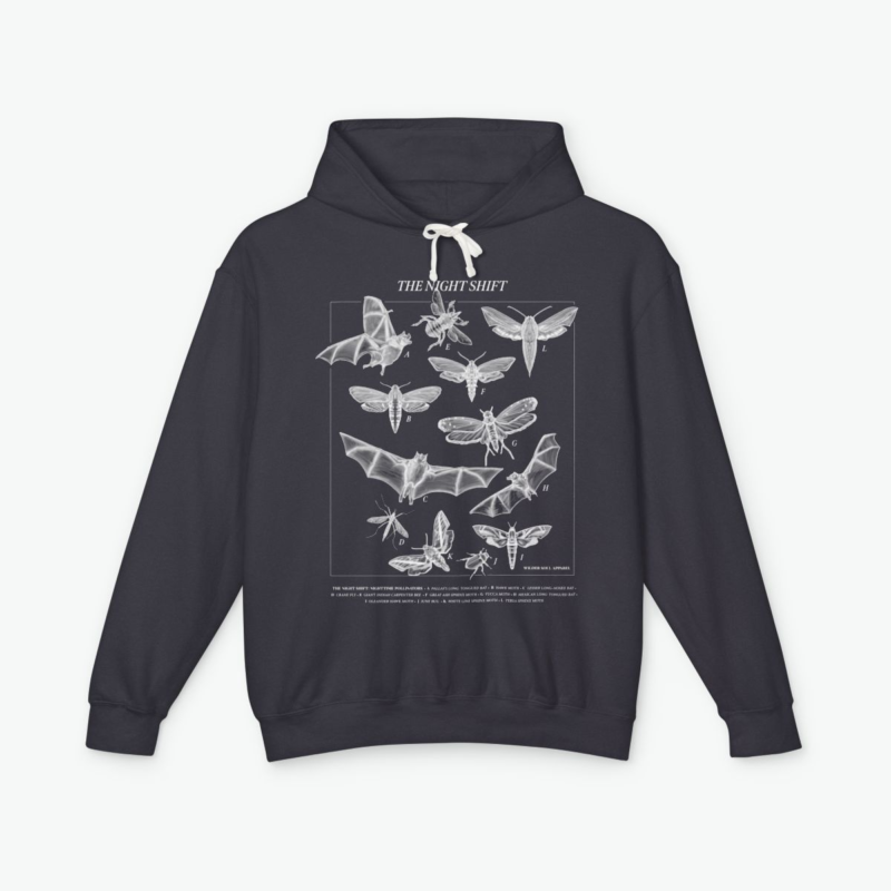Night Shift unisex lightweight hoodie featuring bats, moths, and nocturnal pollinators in vintage scientific illustration style on dark background