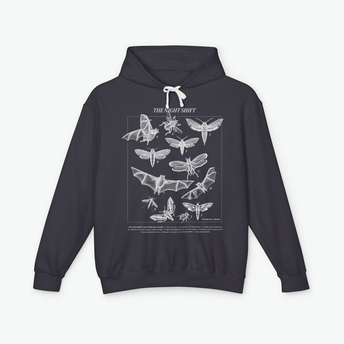 Night Shift unisex lightweight hoodie featuring bats, moths, and nocturnal pollinators in vintage scientific illustration style on dark background