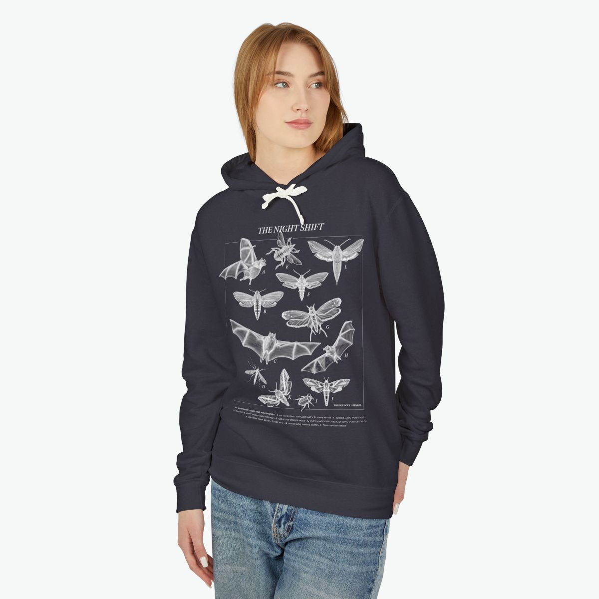 Night Shift unisex lightweight hoodie featuring bats, moths, and nocturnal pollinators in vintage scientific illustration style on dark background