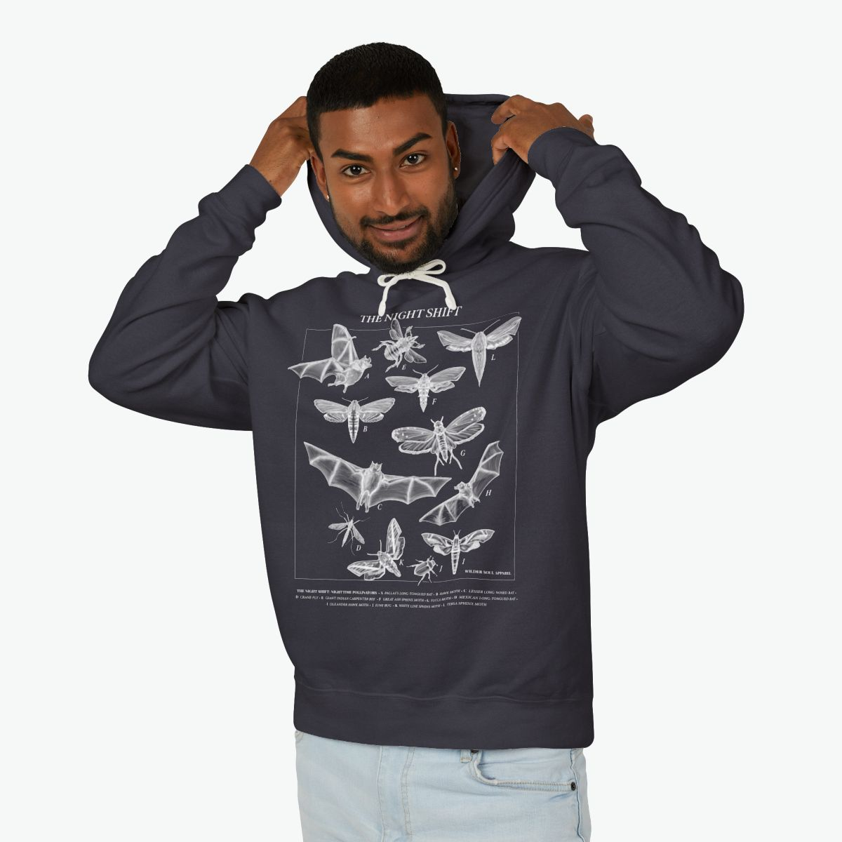 Night Shift unisex lightweight hoodie featuring bats, moths, and nocturnal pollinators in vintage scientific illustration style on dark background