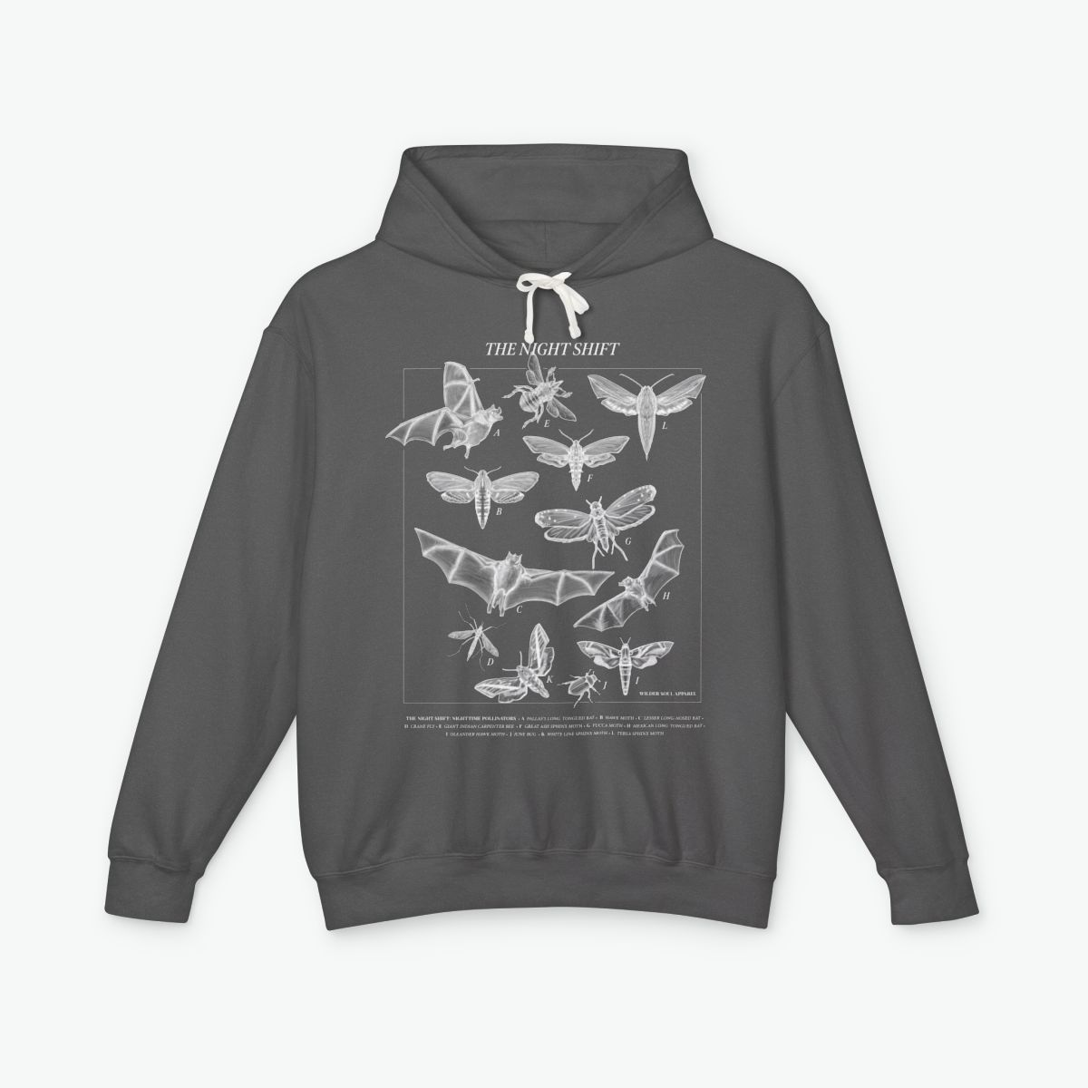 Night Shift unisex lightweight hoodie featuring bats, moths, and nocturnal pollinators in vintage scientific illustration style on dark background