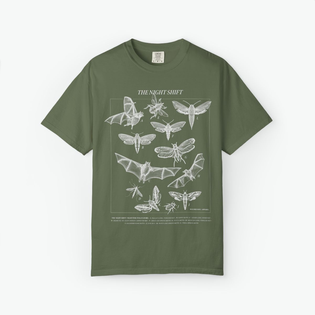 Night Shift unisex tee featuring bats, moths, and nocturnal pollinators in vintage scientific illustration style on black background