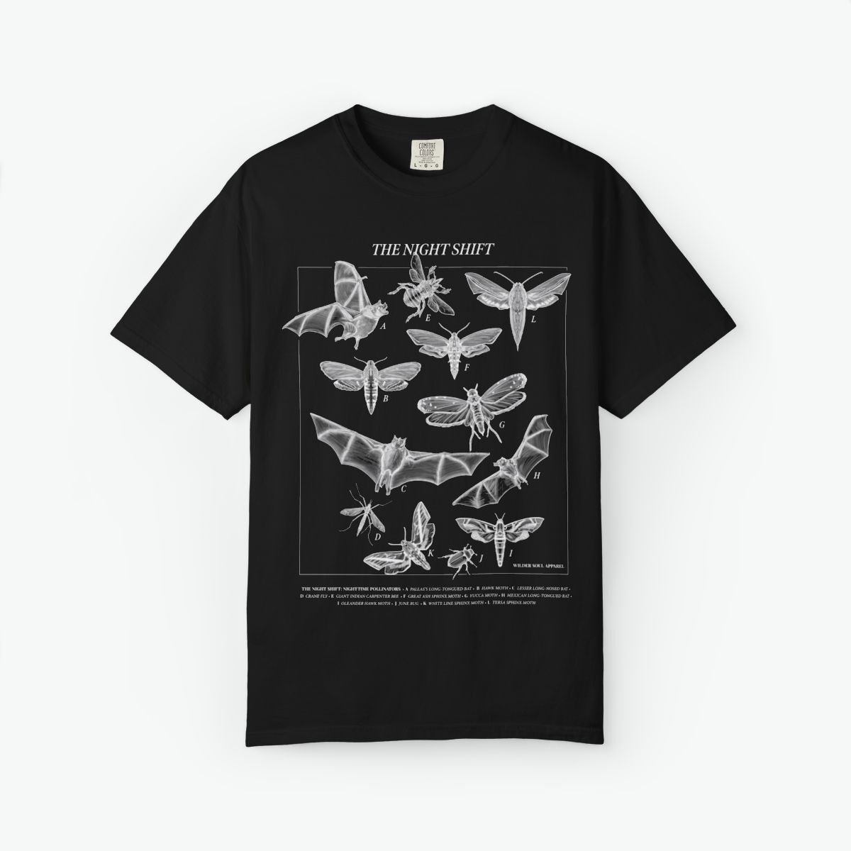 Night Shift unisex tee featuring bats, moths, and nocturnal pollinators in vintage scientific illustration style on black background