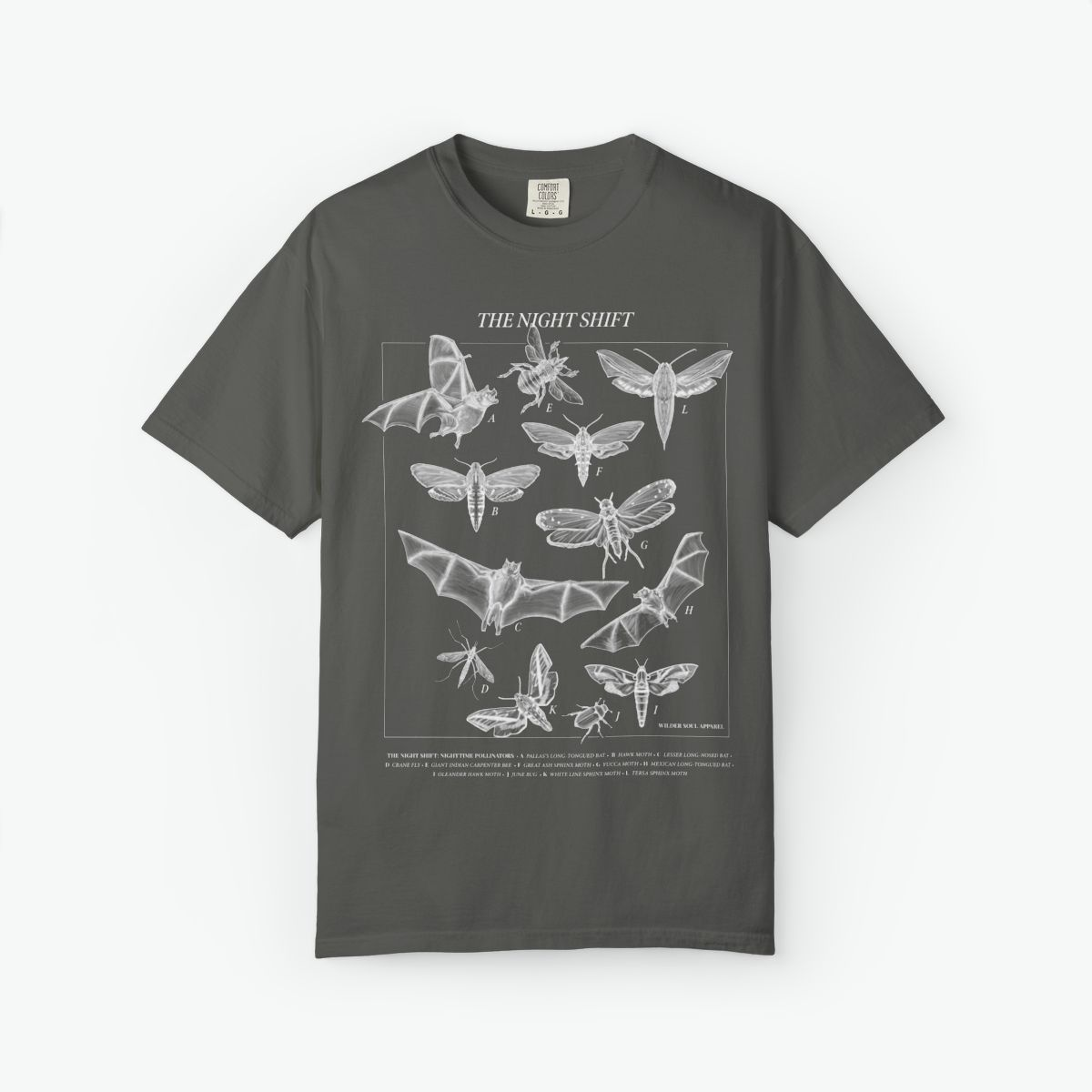 Night Shift unisex tee featuring bats, moths, and nocturnal pollinators in vintage scientific illustration style on black background