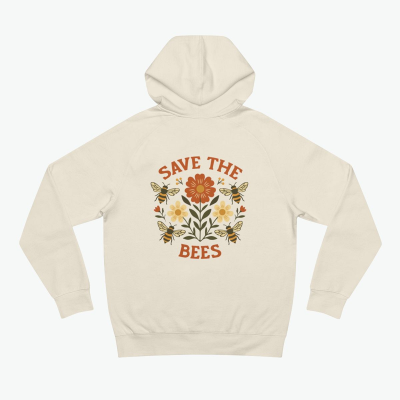 Save the Bees unisex premium hoodie with bee and wildflower illustration supporting pollinator conservation