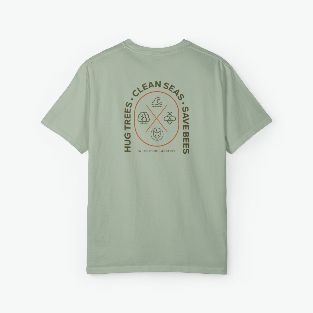 Hug Trees Clean Seas Save Bees unisex tee featuring circular conservation emblem on back with tree, wave, and bee icons