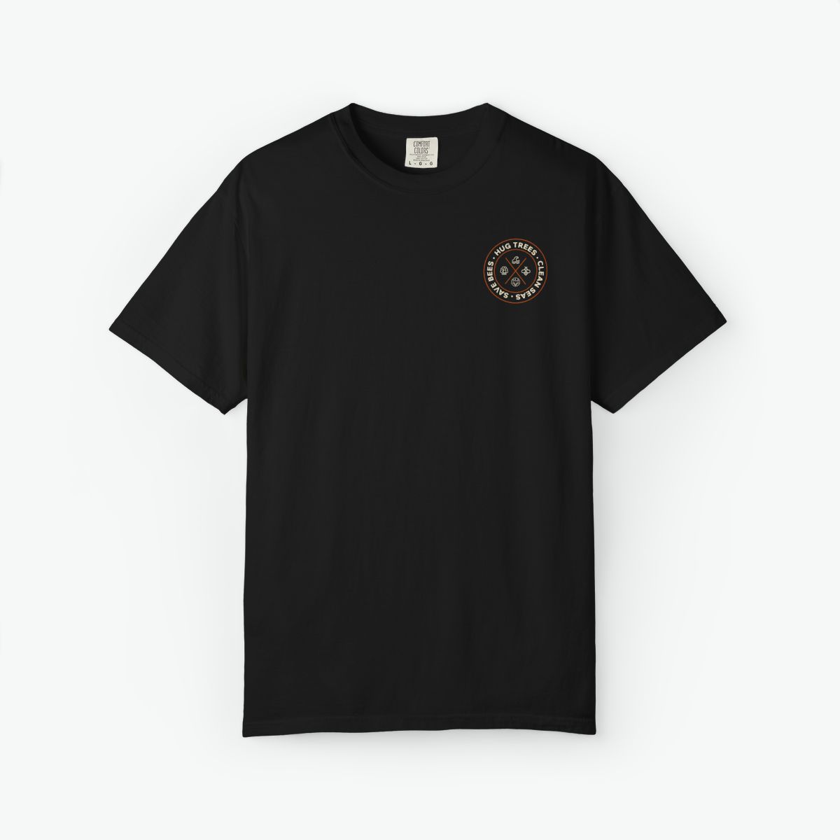 Hug Trees Clean Seas Save Bees unisex tee featuring circular conservation emblem on back with tree, wave, and bee icons