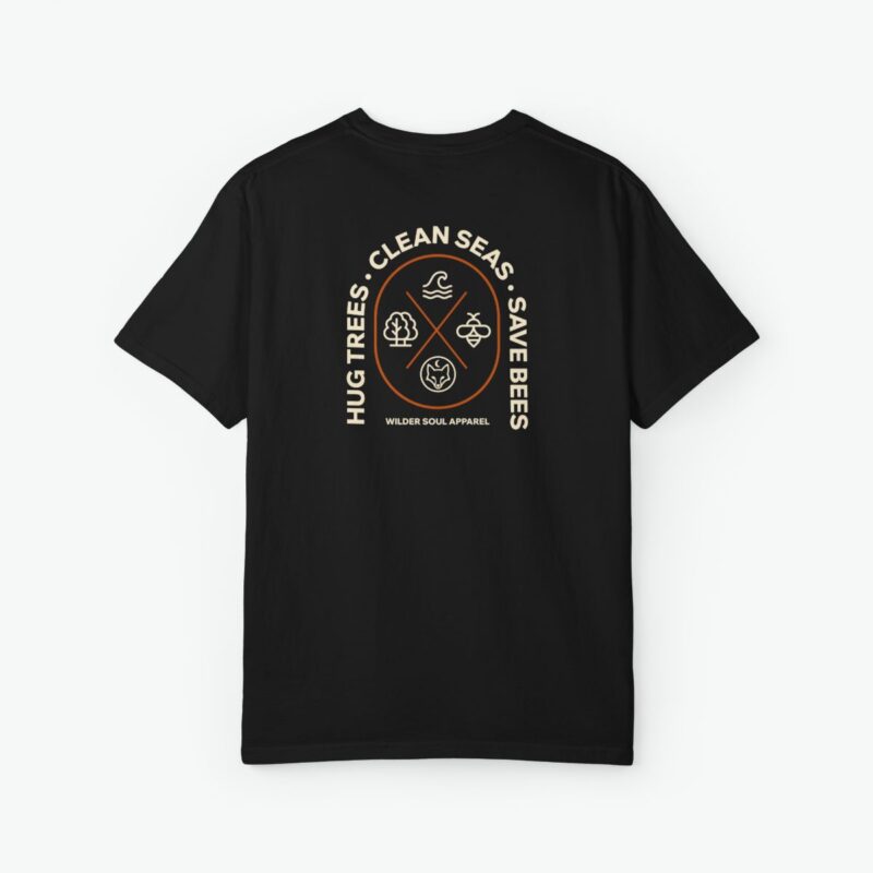 Hug Trees Clean Seas Save Bees unisex tee featuring circular conservation emblem on back with tree, wave, and bee icons