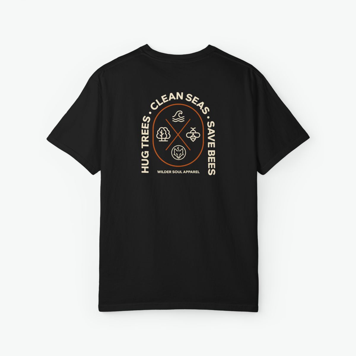 Hug Trees Clean Seas Save Bees unisex tee featuring circular conservation emblem on back with tree, wave, and bee icons