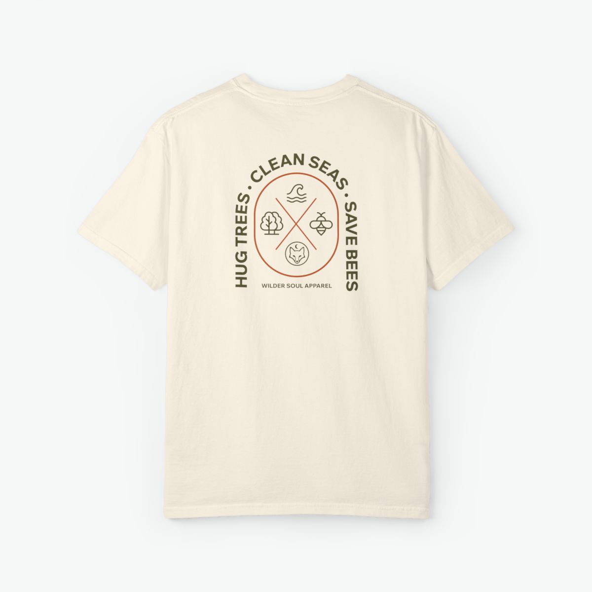 Hug Trees Clean Seas Save Bees unisex tee featuring circular conservation emblem on back with tree, wave, and bee icons