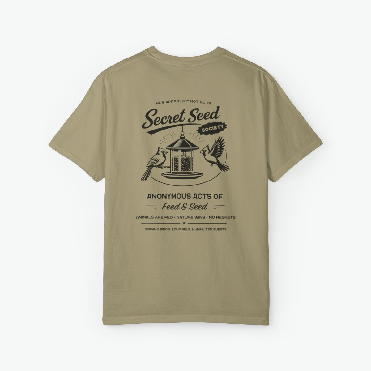 Secret Seed Society Unisex Tee retro bird feeder t-shirt with cardinal birds and vintage backyard wildlife design