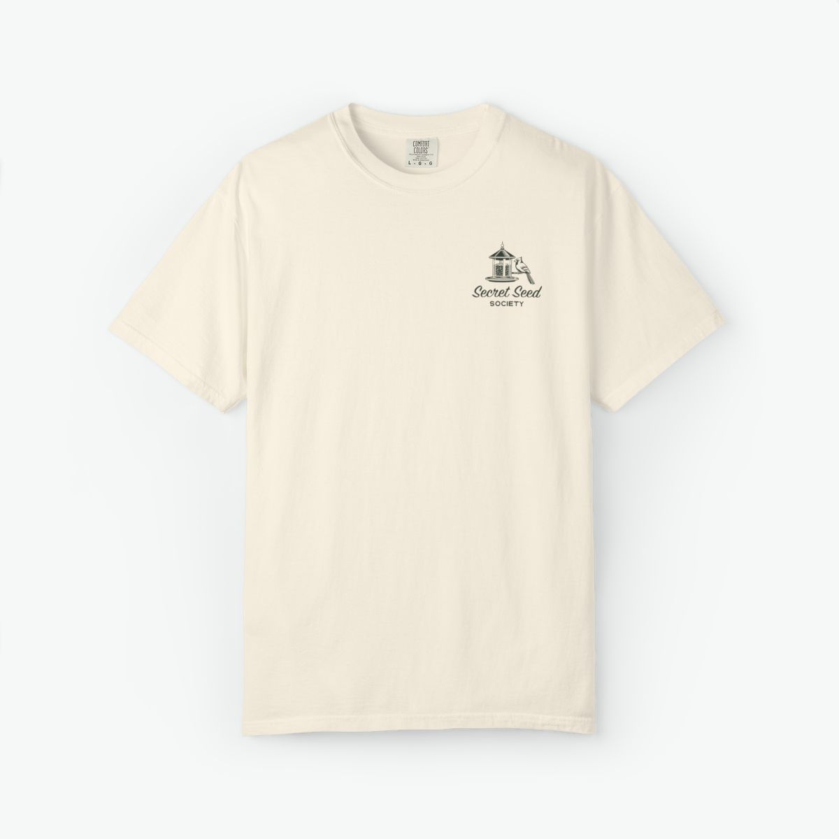 Secret Seed Society Unisex Tee retro bird feeder t-shirt with cardinal birds and vintage backyard wildlife design