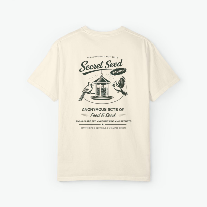 Secret Seed Society Unisex Tee retro bird feeder t-shirt with cardinal birds and vintage backyard wildlife design