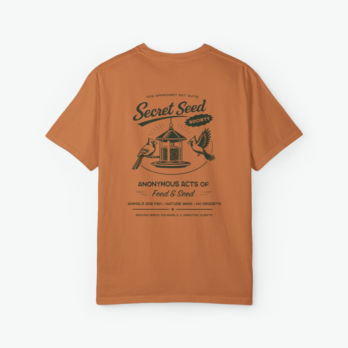 Secret Seed Society Unisex Tee retro bird feeder t-shirt with cardinal birds and vintage backyard wildlife design