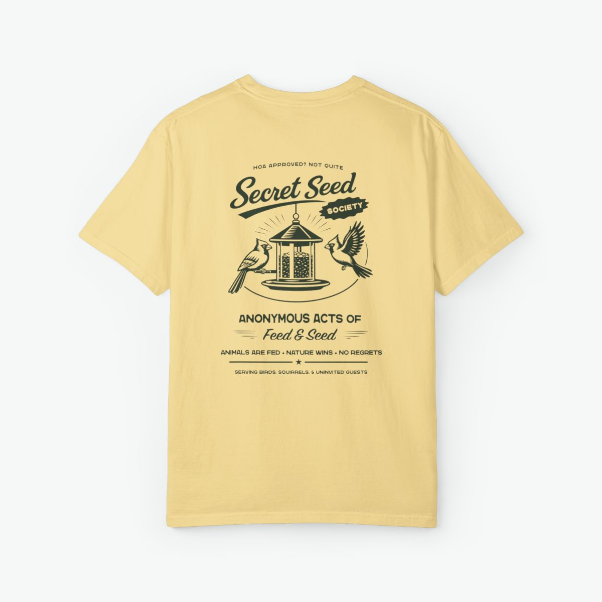 Secret Seed Society Unisex Tee retro bird feeder t-shirt with cardinal birds and vintage backyard wildlife design