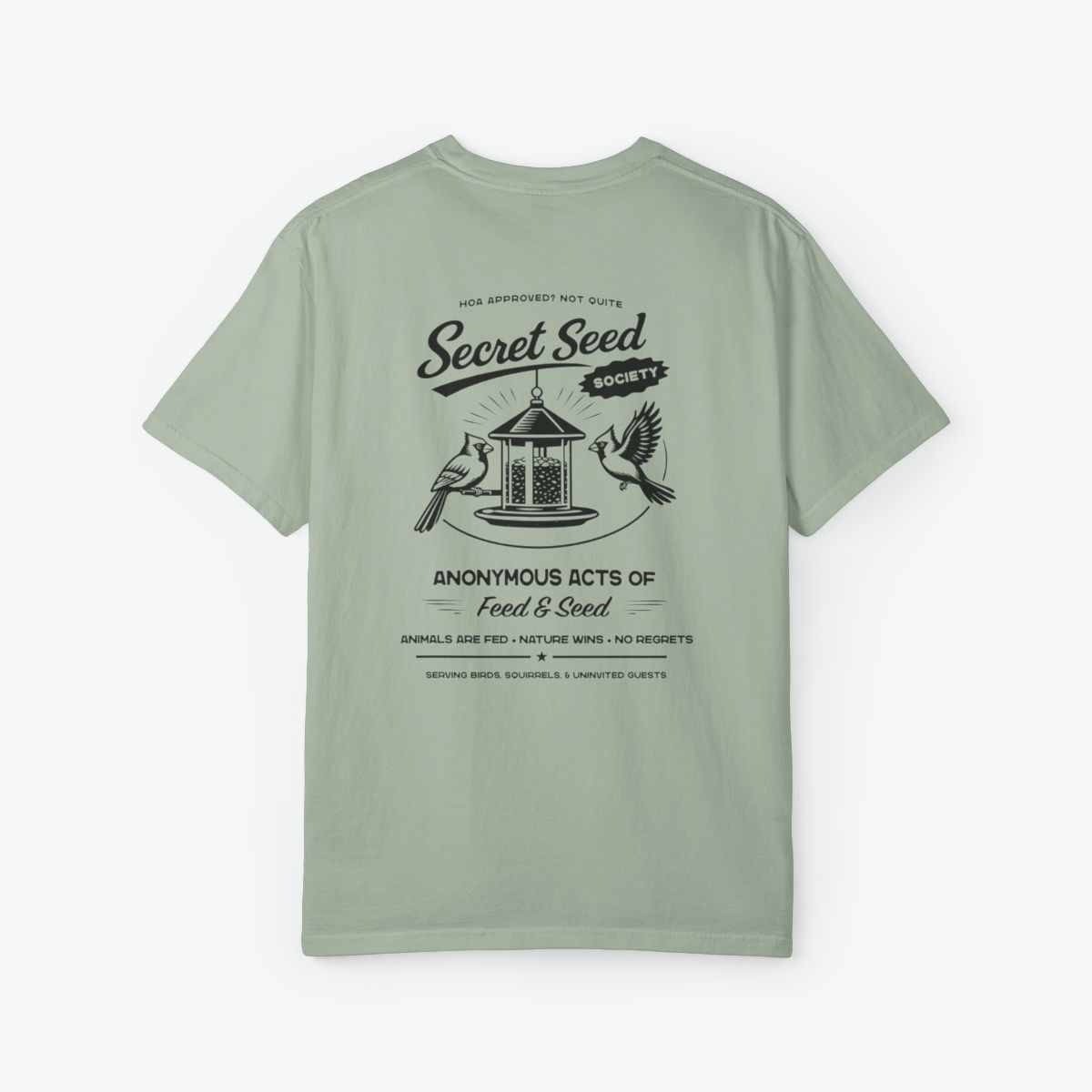 Secret Seed Society Unisex Tee retro bird feeder t-shirt with cardinal birds and vintage backyard wildlife design