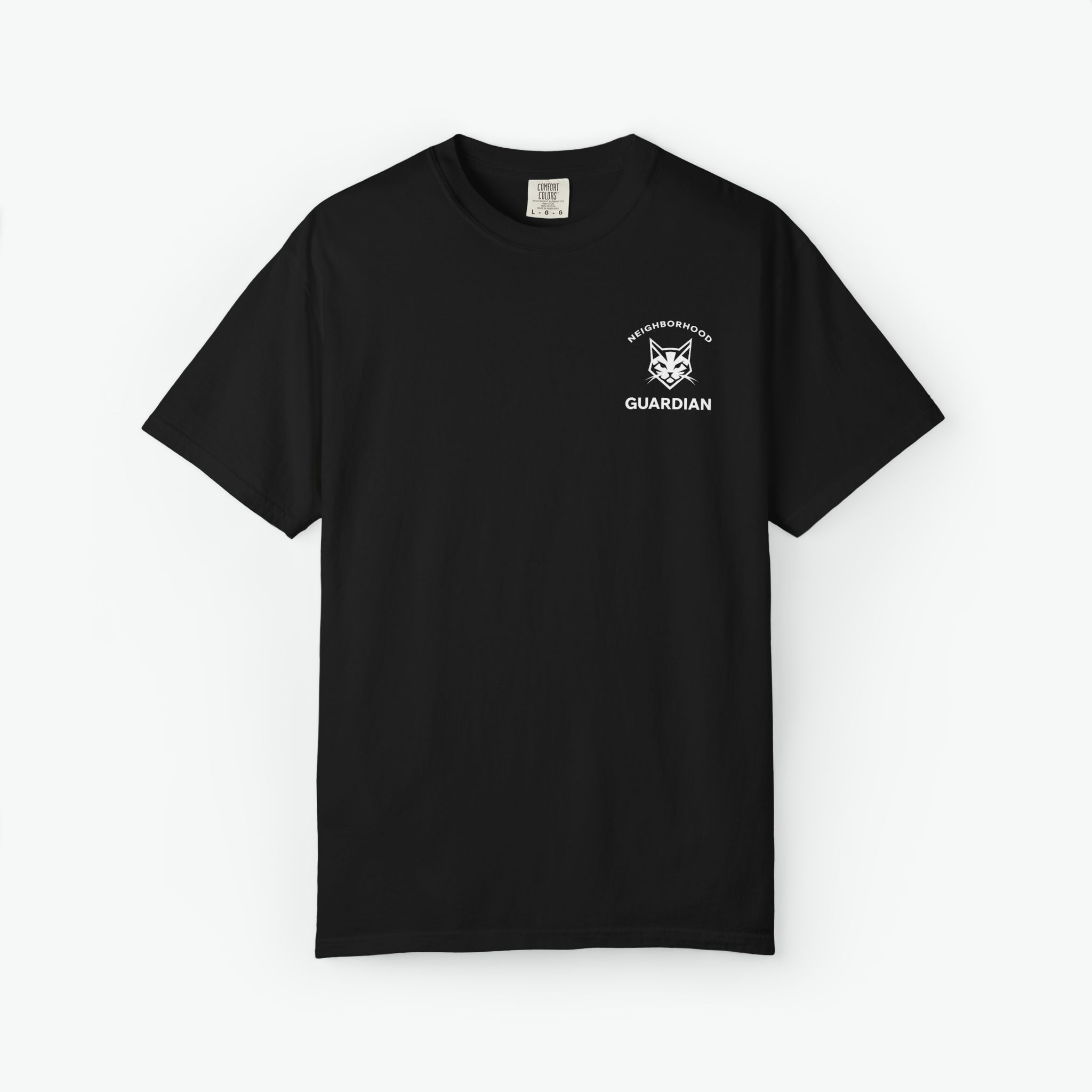 neighborhood cat guardian t-shirt with badge design on back worn while feeding outdoor cat