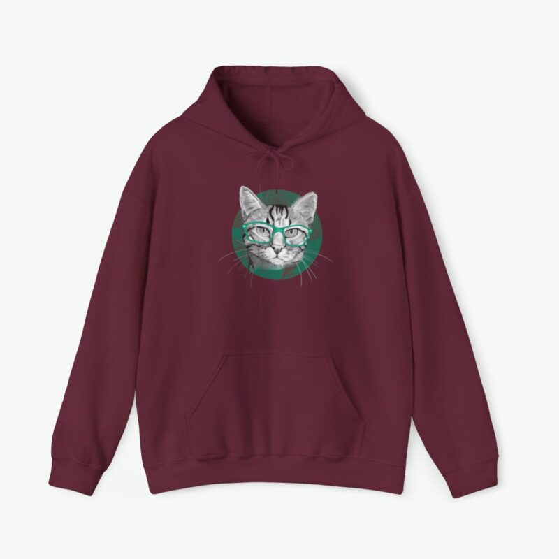 Sonora cat hoodie featuring a detailed cat wearing glasses on a cozy unisex sweatshirt