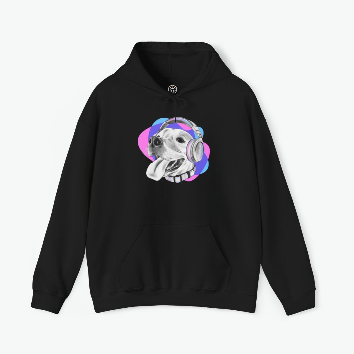 pitbull headphones hoodie featuring a happy dog wearing headphones on a cozy unisex sweatshirt