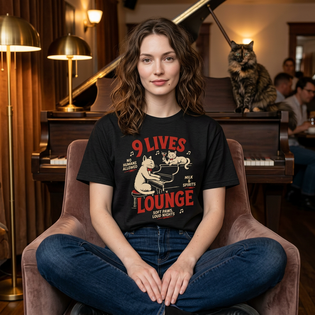 9 lives lounge t-shirt with cats playing piano and drinking in vintage lounge style design